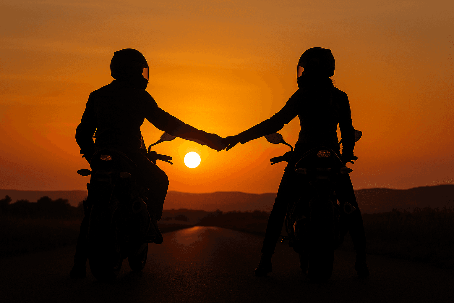 Dos moteros dándose la mano al atardecer
